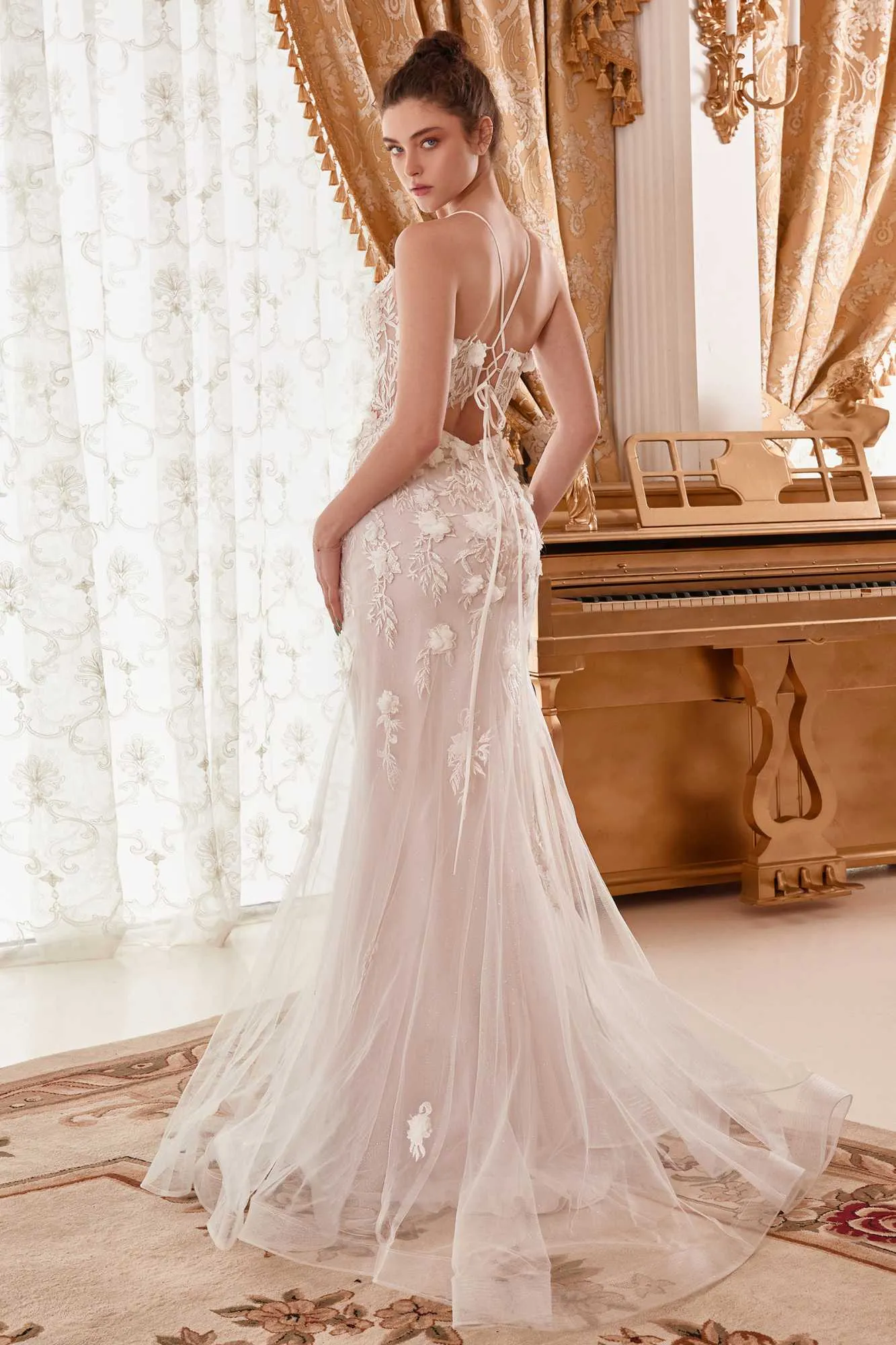 Ladivine WN310 Long Fitted Mermaid 3D Floral Bridal Gown Square Neck