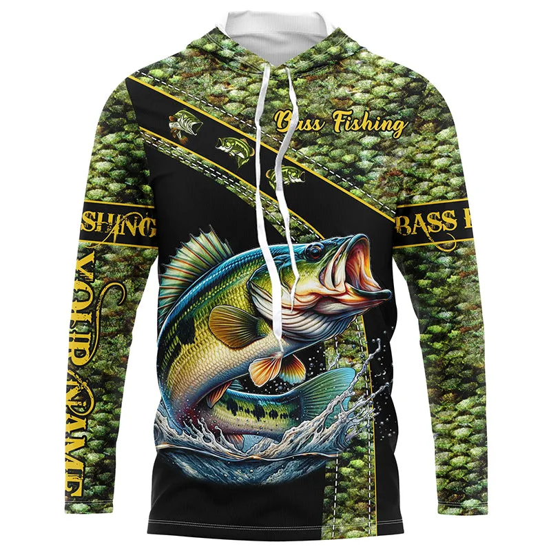 Largemouth Bass fishing green bass scales Custom name Bass fishing Long sleeve, Long Sleeve Hooded NQS4888