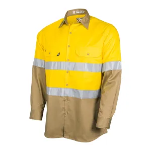 Lightweight Vented Hi-Vis Drill Shirt with Reflective Tape-Yellow/Khaki