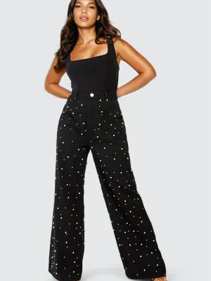Limited Edition Pearl Embellished Wide Leg Jeans - Black