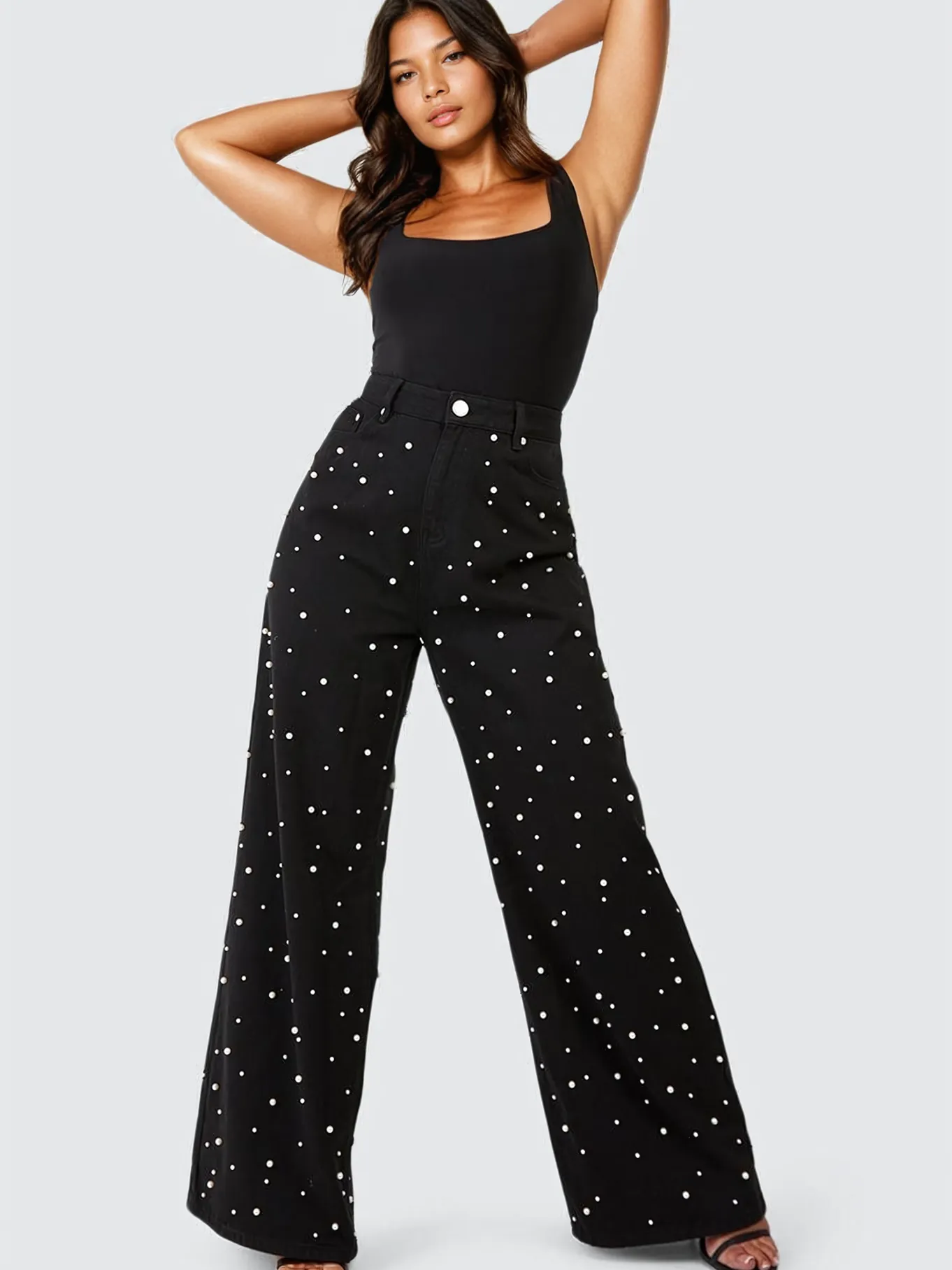 Limited Edition Pearl Embellished Wide Leg Jeans - Black