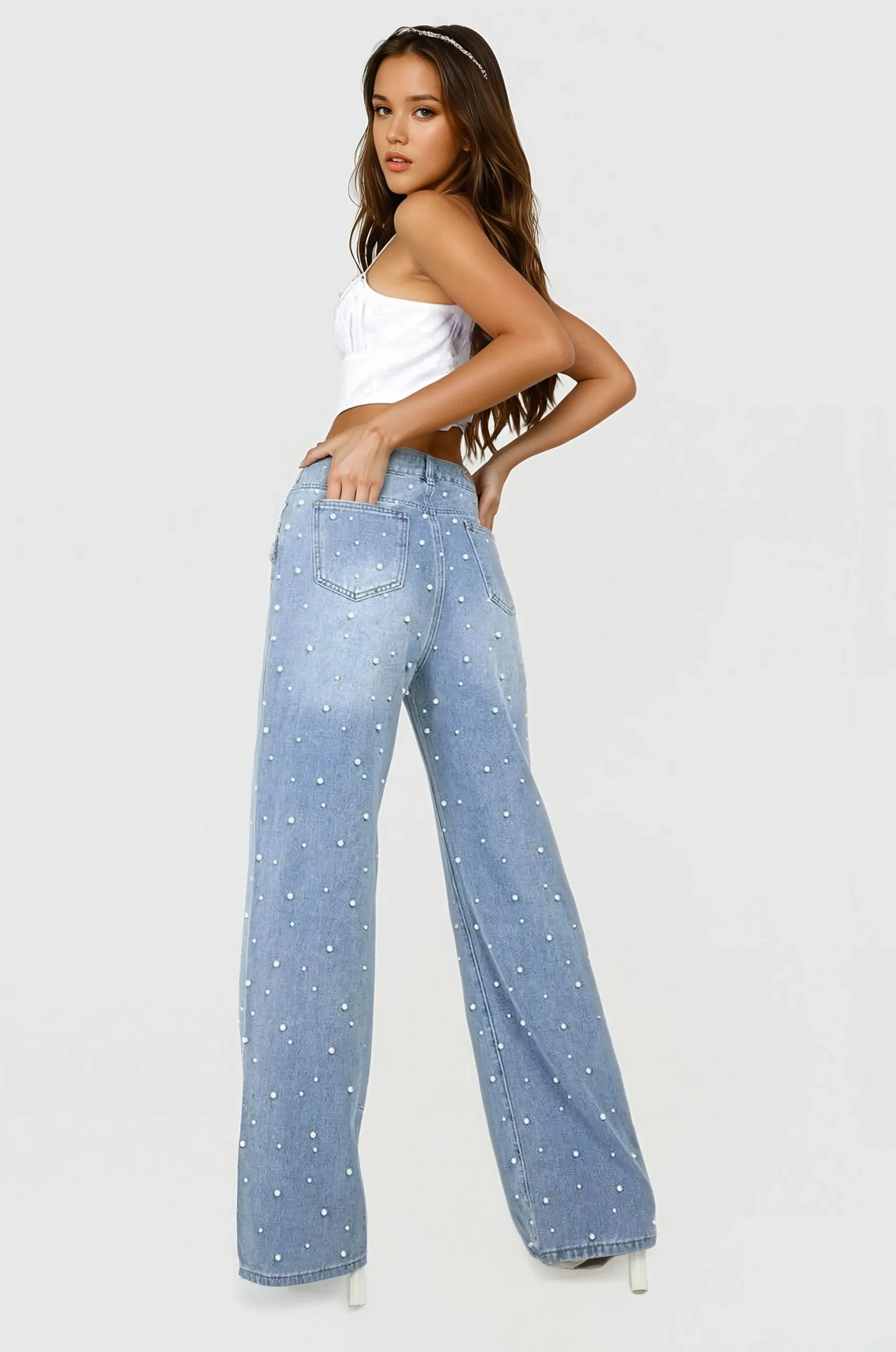 Limited Edition Pearl Embellished Wide Leg Jeans - Blue