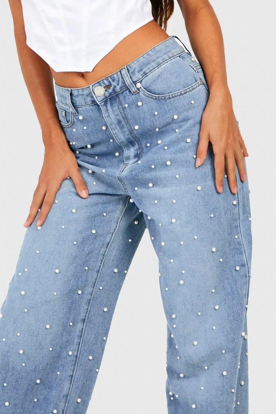 Limited Edition Pearl Embellished Wide Leg Jeans - Blue
