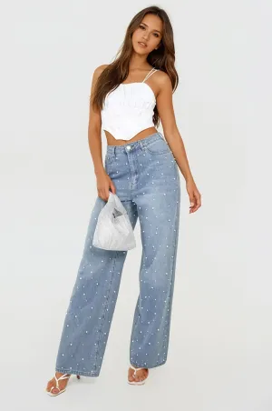 Limited Edition Pearl Embellished Wide Leg Jeans - Blue