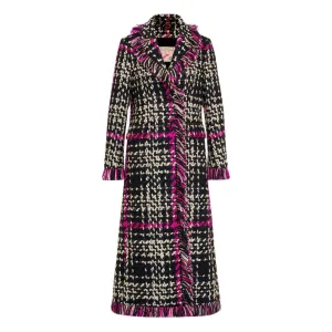 Long Tweed Coat with Fringe - Black   Pink