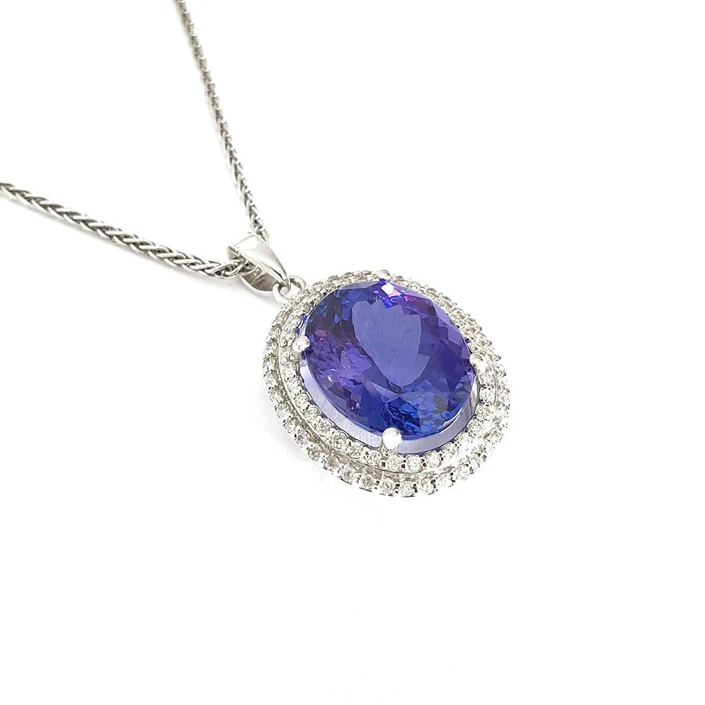 Luxurious Double Diamond Halo Oval Tanzanite Pendant