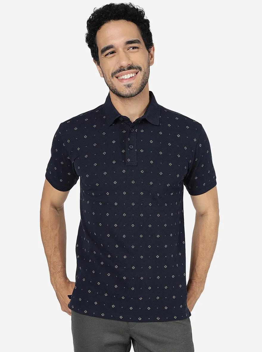 Navy Blue Printed Slim Fit Polo T-Shirt | JadeBlue