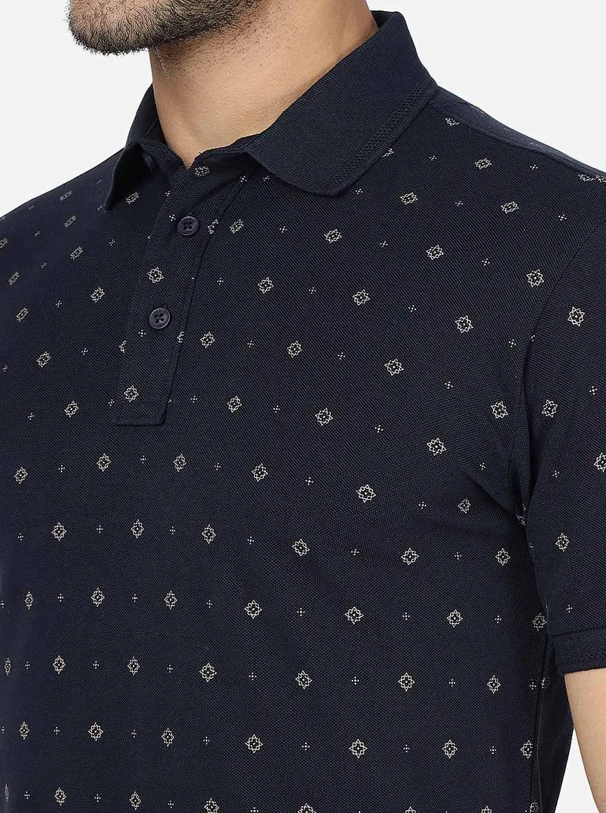 Navy Blue Printed Slim Fit Polo T-Shirt | JadeBlue