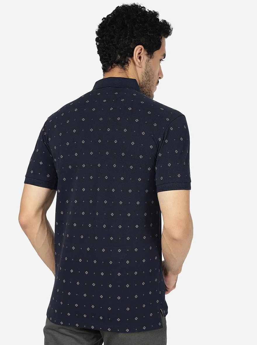 Navy Blue Printed Slim Fit Polo T-Shirt | JadeBlue