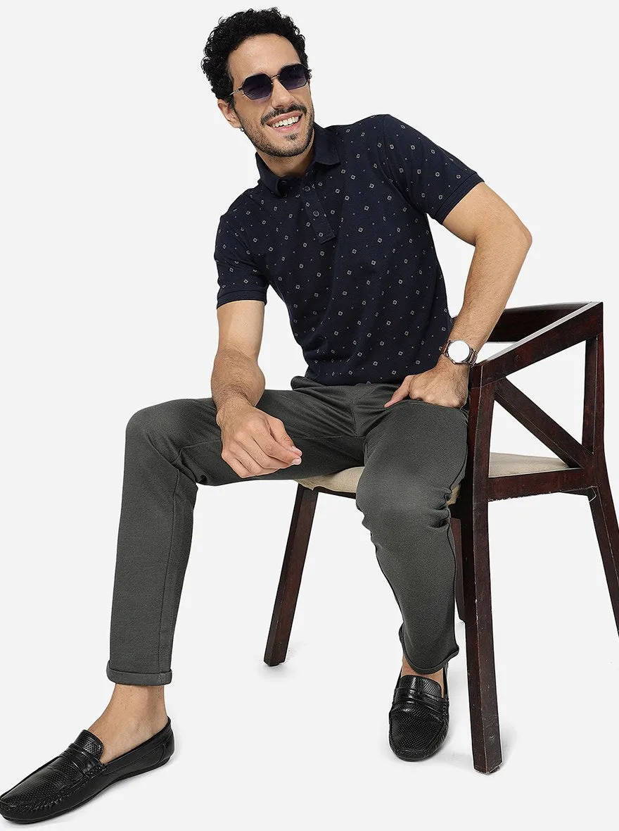 Navy Blue Printed Slim Fit Polo T-Shirt | JadeBlue