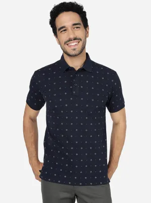 Navy Blue Printed Slim Fit Polo T-Shirt | JadeBlue