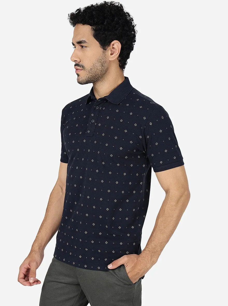 Navy Blue Printed Slim Fit Polo T-Shirt | JadeBlue