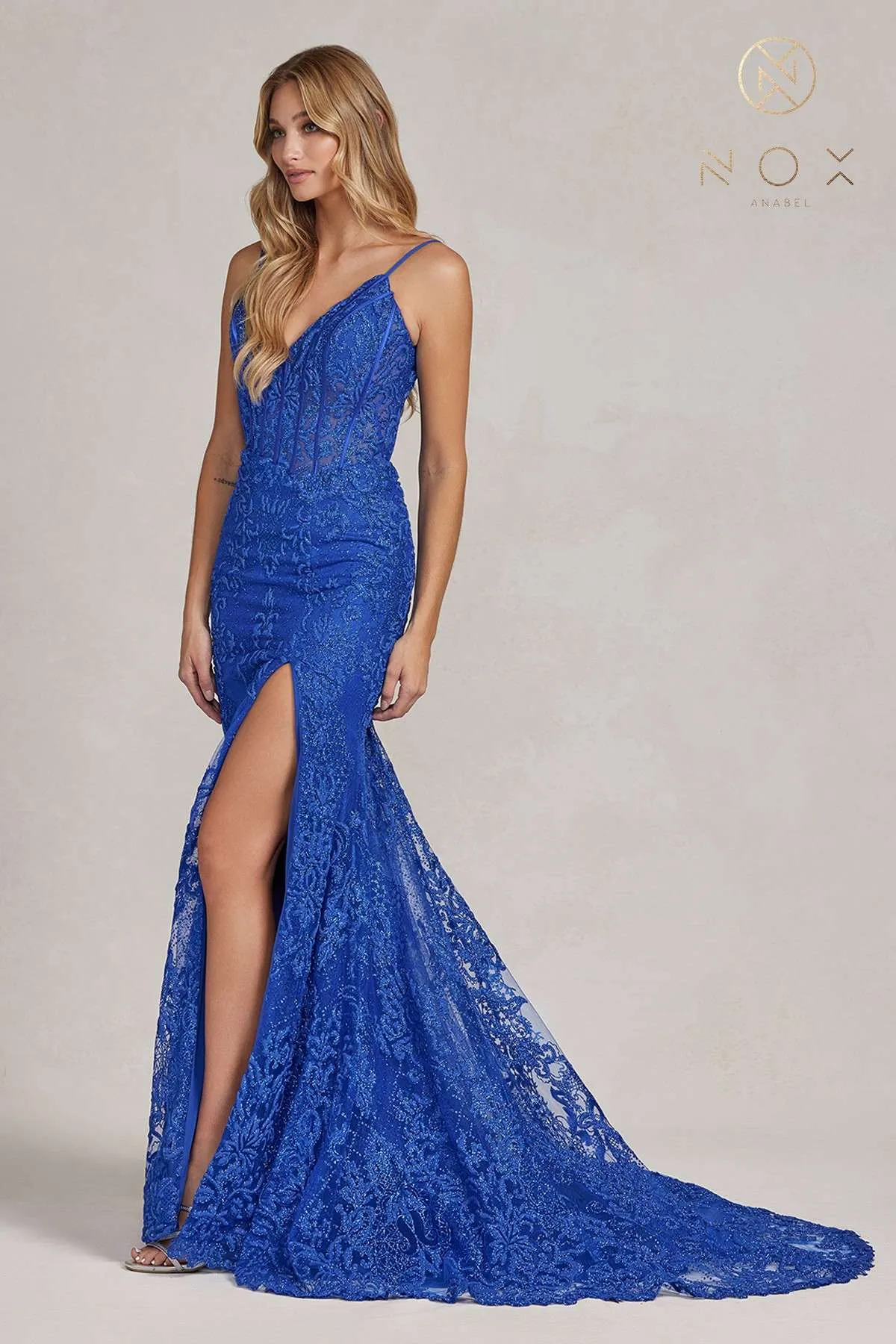 Nox Anabel C1100 Floor Length Fitted Formal Gown with Leg Slit