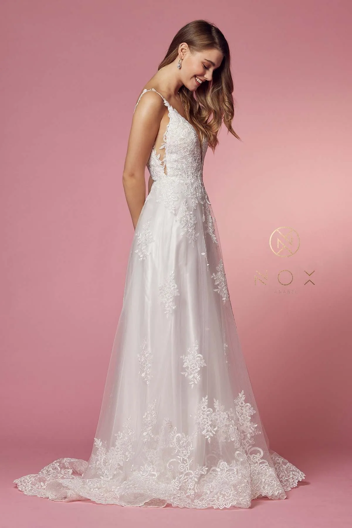 Nox Anabel C461 A-Line V-Neck Side Cutout Lace Strap Ball Gown