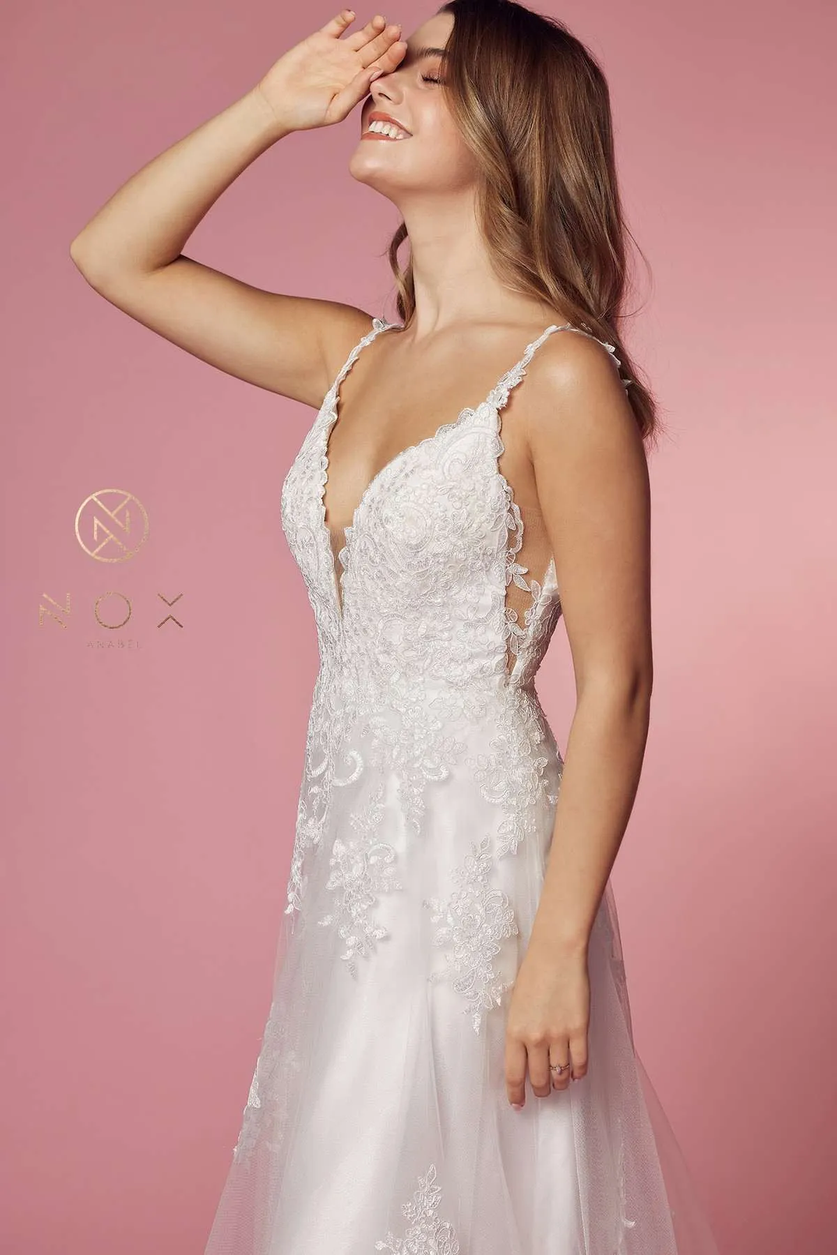 Nox Anabel C461 A-Line V-Neck Side Cutout Lace Strap Ball Gown
