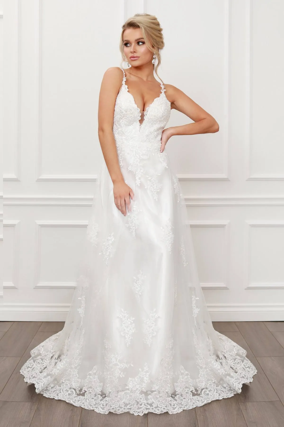 Nox Anabel C461 A-Line V-Neck Side Cutout Lace Strap Ball Gown