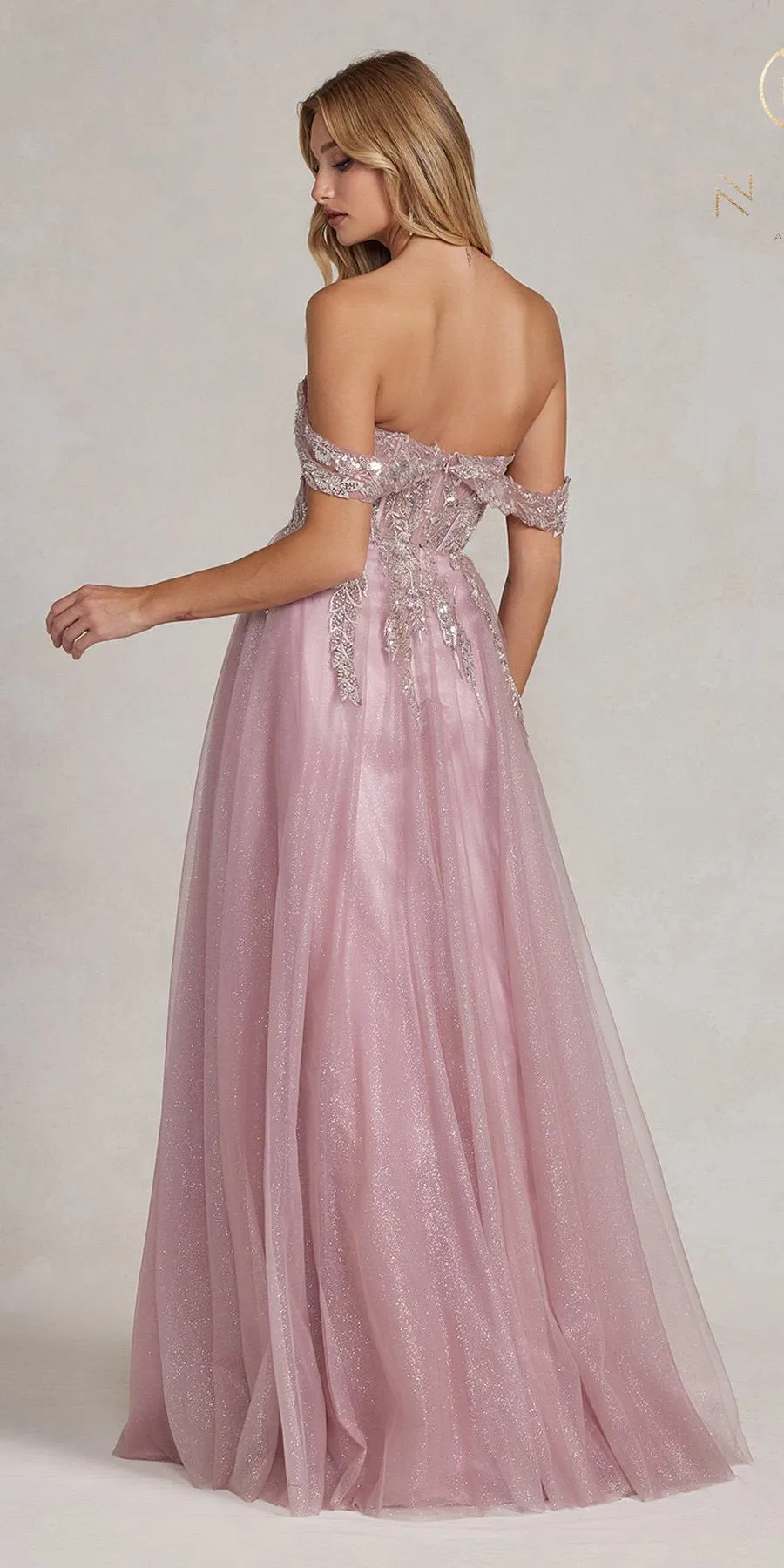 Nox Anabel E1128 Floor Length Off the Shoulder A-Line Glitter Tulle Gown