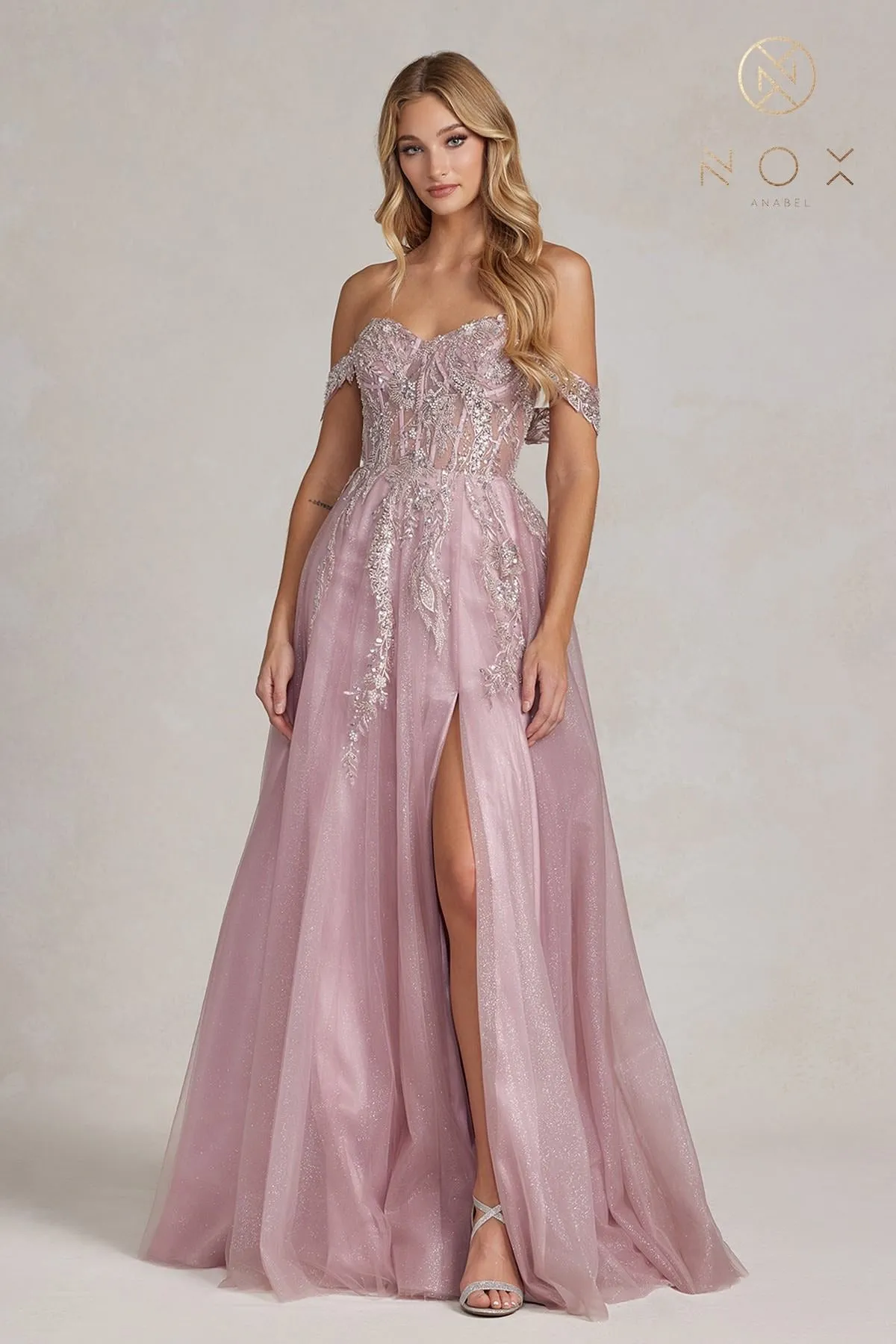 Nox Anabel E1128 Floor Length Off the Shoulder A-Line Glitter Tulle Gown