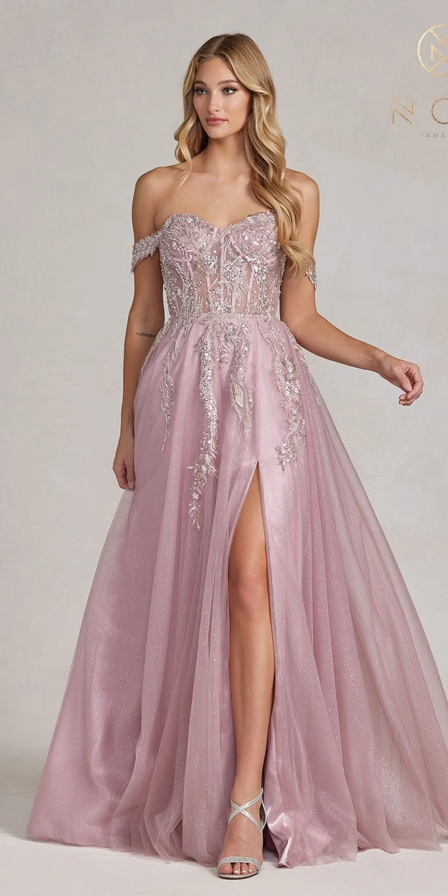 Nox Anabel E1128 Floor Length Off the Shoulder A-Line Glitter Tulle Gown
