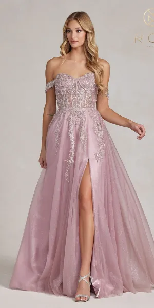 Nox Anabel E1128 Floor Length Off the Shoulder A-Line Glitter Tulle Gown