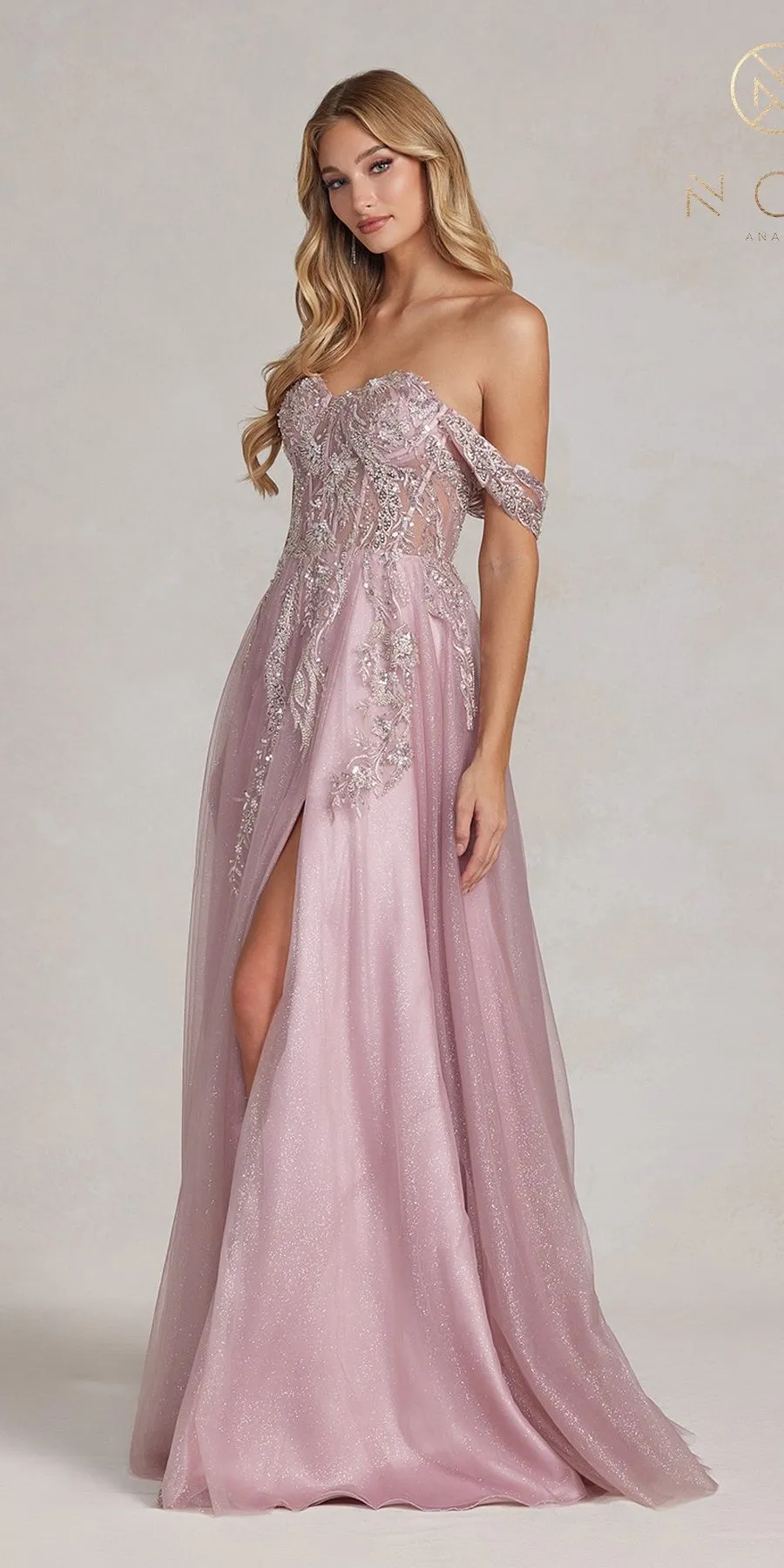 Nox Anabel E1128 Floor Length Off the Shoulder A-Line Glitter Tulle Gown