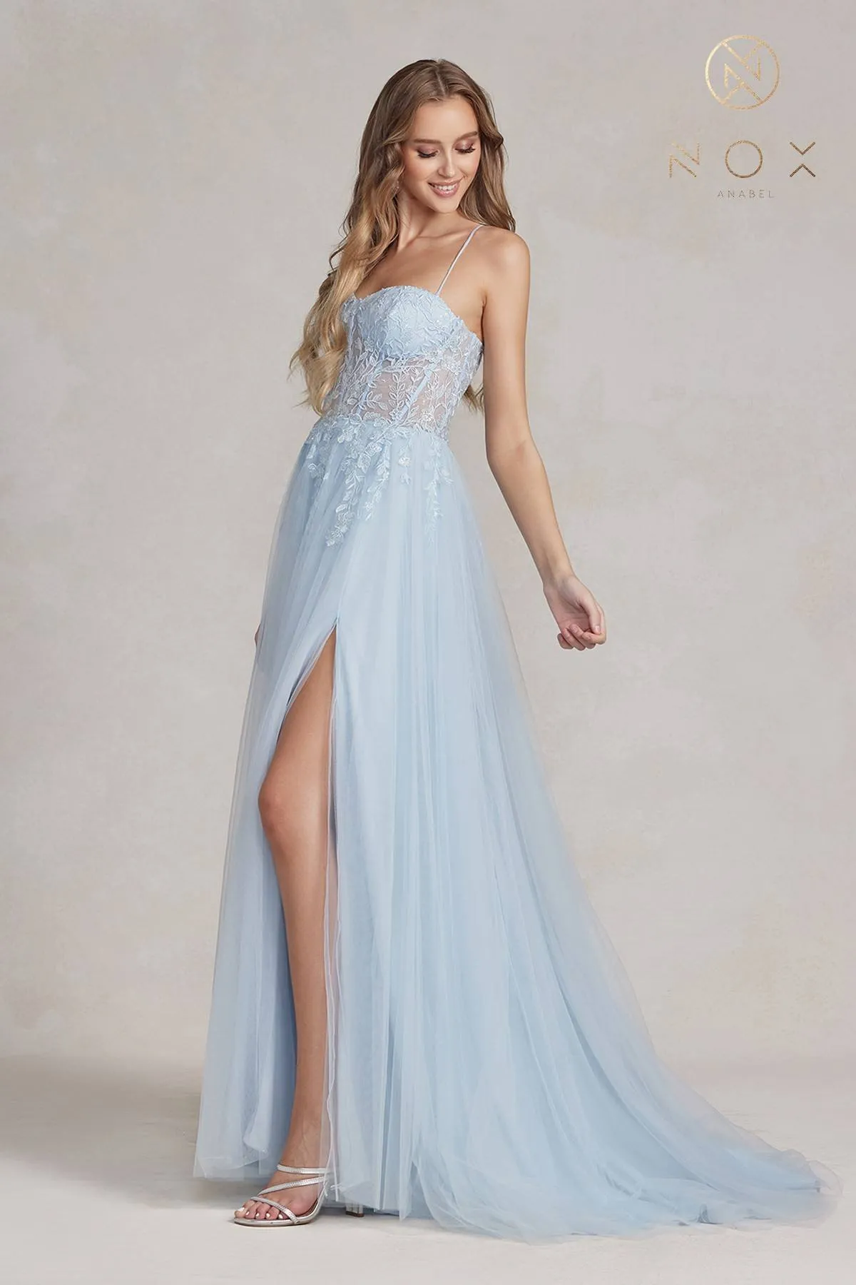 Nox Anabel J1089 Floor Length A-Line Tulle Gown with Slit