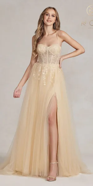 Nox Anabel J1089 Floor Length A-Line Tulle Gown with Slit