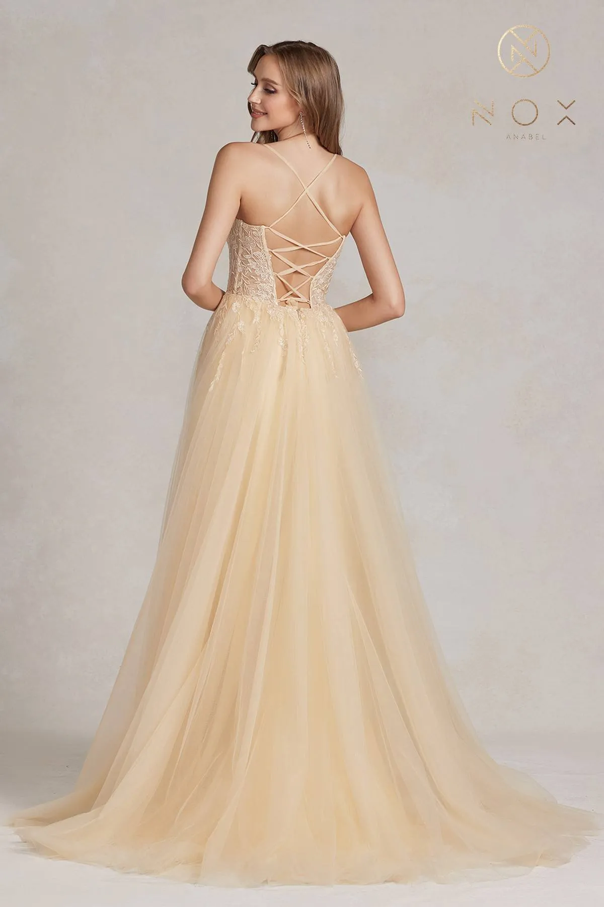 Nox Anabel J1089 Floor Length A-Line Tulle Gown with Slit