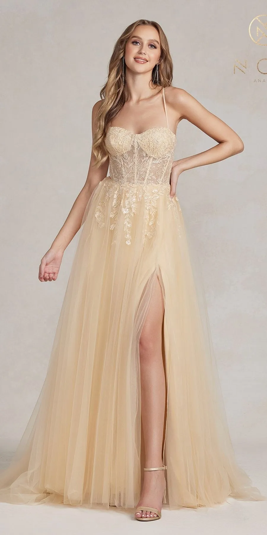 Nox Anabel J1089 Floor Length A-Line Tulle Gown with Slit