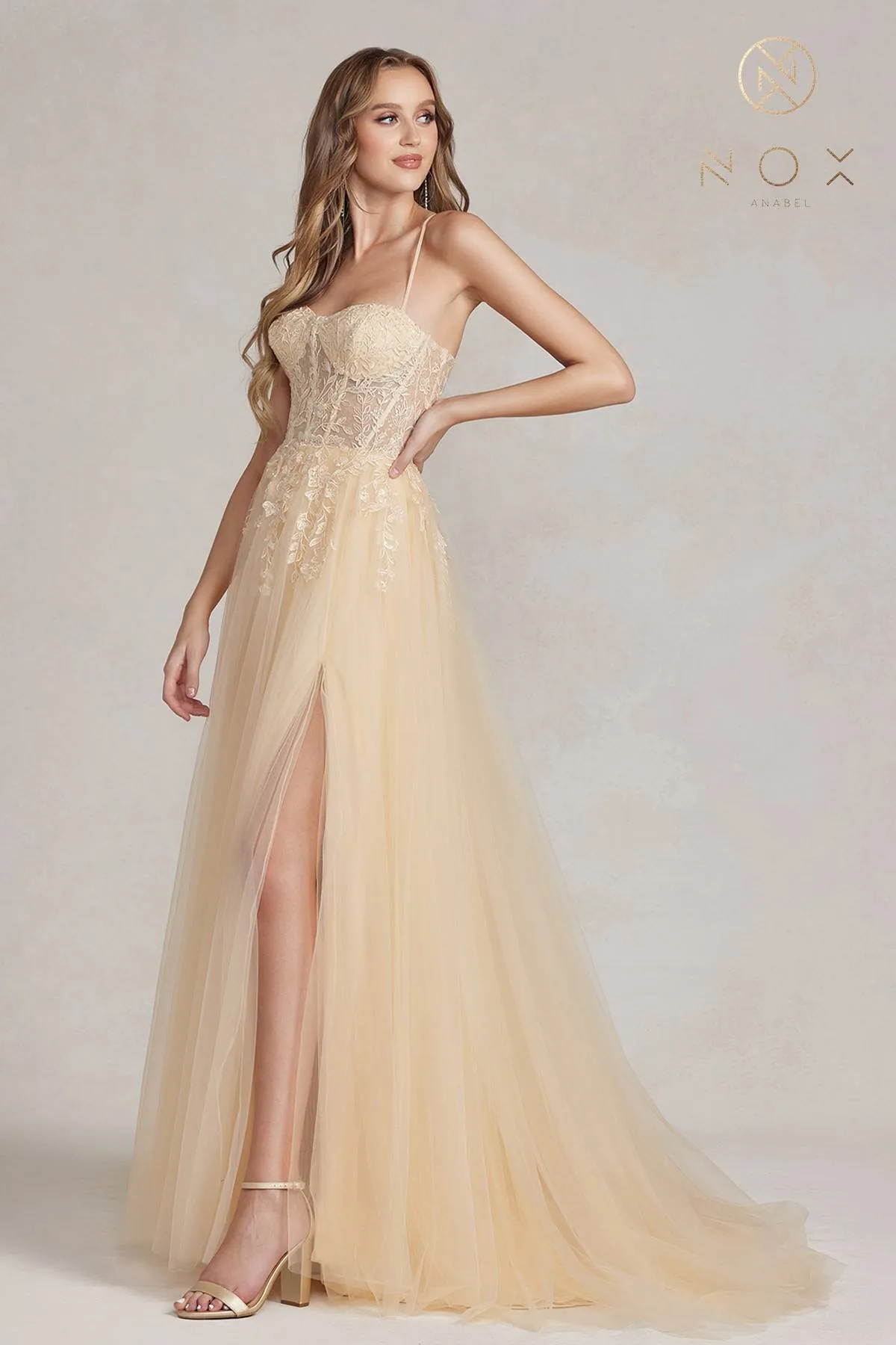 Nox Anabel J1089 Floor Length A-Line Tulle Gown with Slit