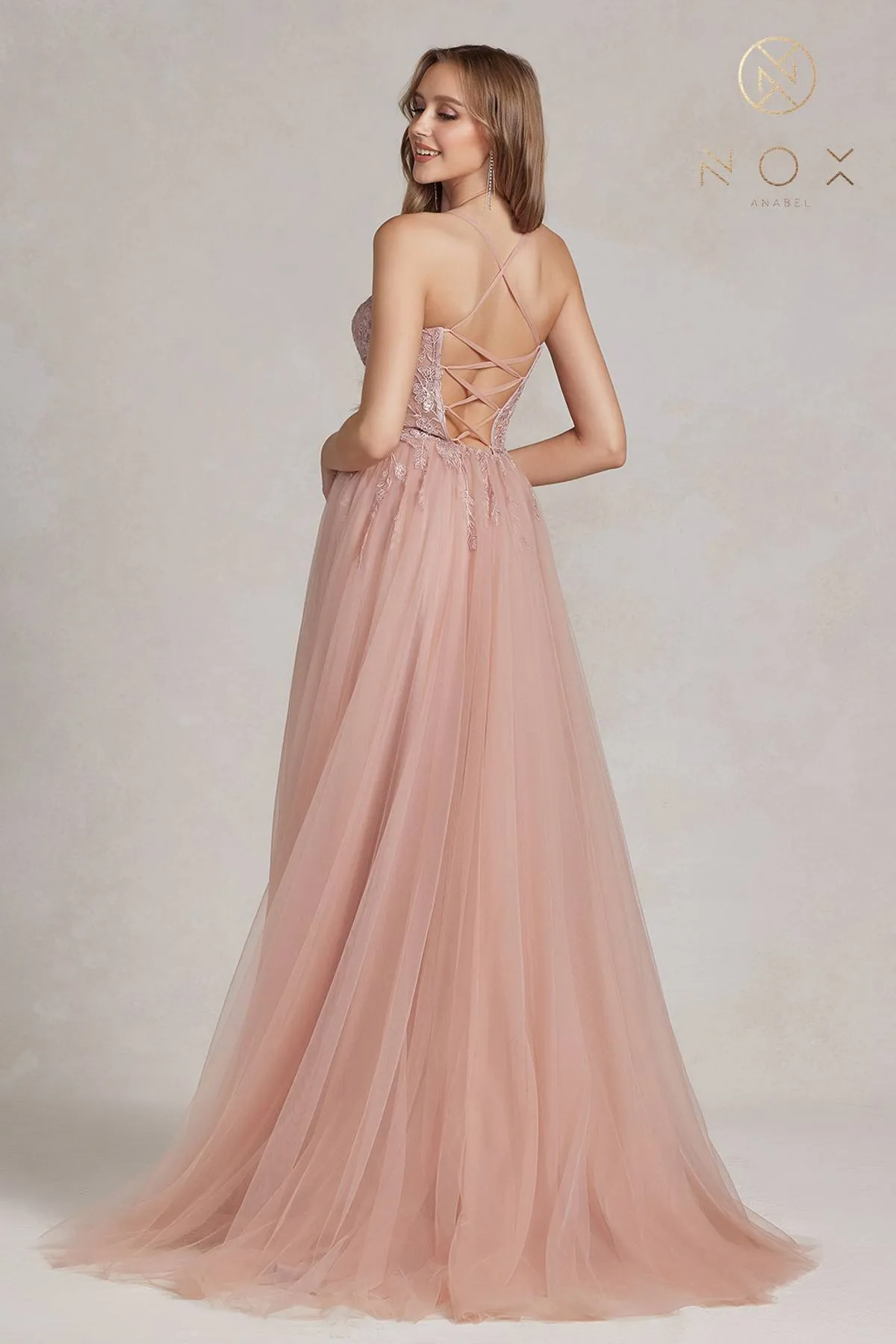 Nox Anabel J1089 Floor Length A-Line Tulle Gown with Slit