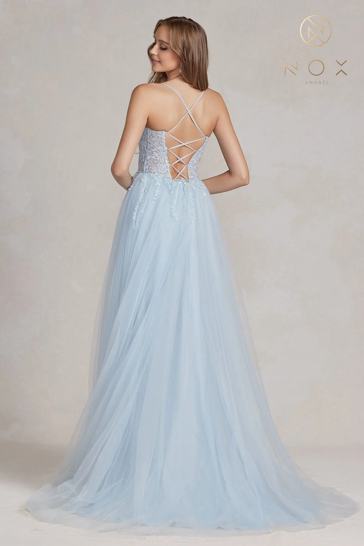 Nox Anabel J1089 Floor Length A-Line Tulle Gown with Slit