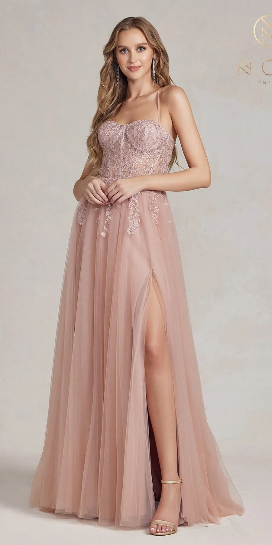 Nox Anabel J1089 Floor Length A-Line Tulle Gown with Slit
