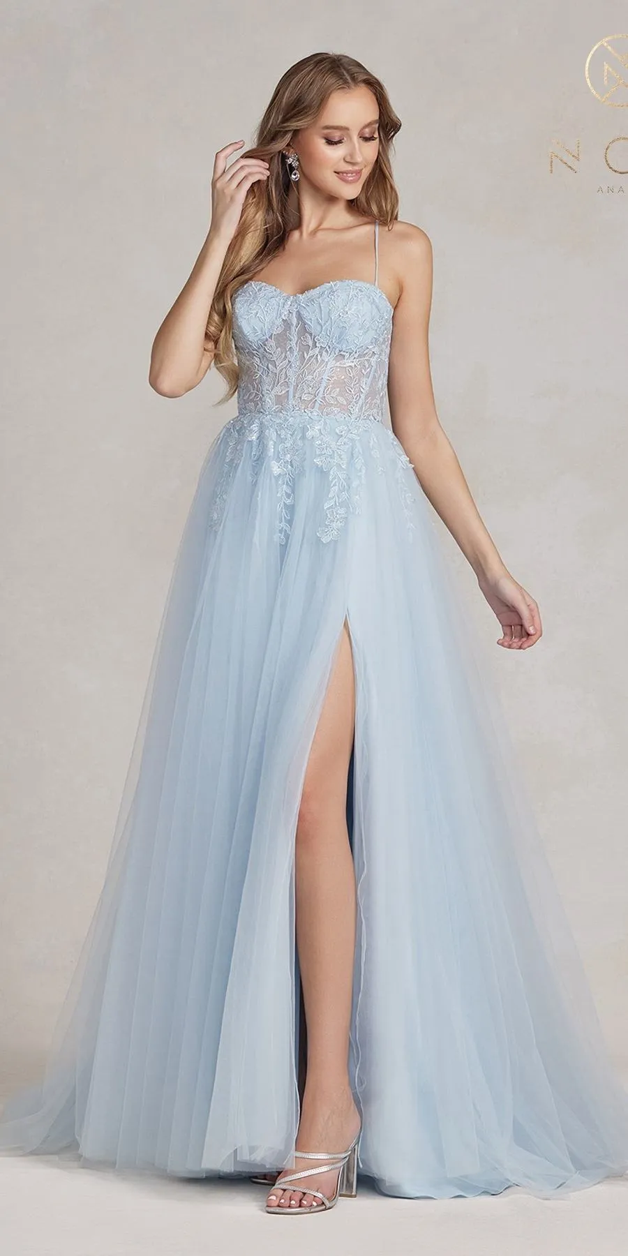 Nox Anabel J1089 Floor Length A-Line Tulle Gown with Slit