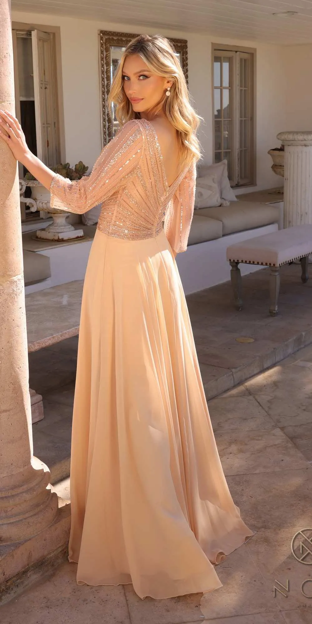 Nox Anabel MF101 Long V-Neck Embellished Bodice 3/4 Sleeve A-line Gown