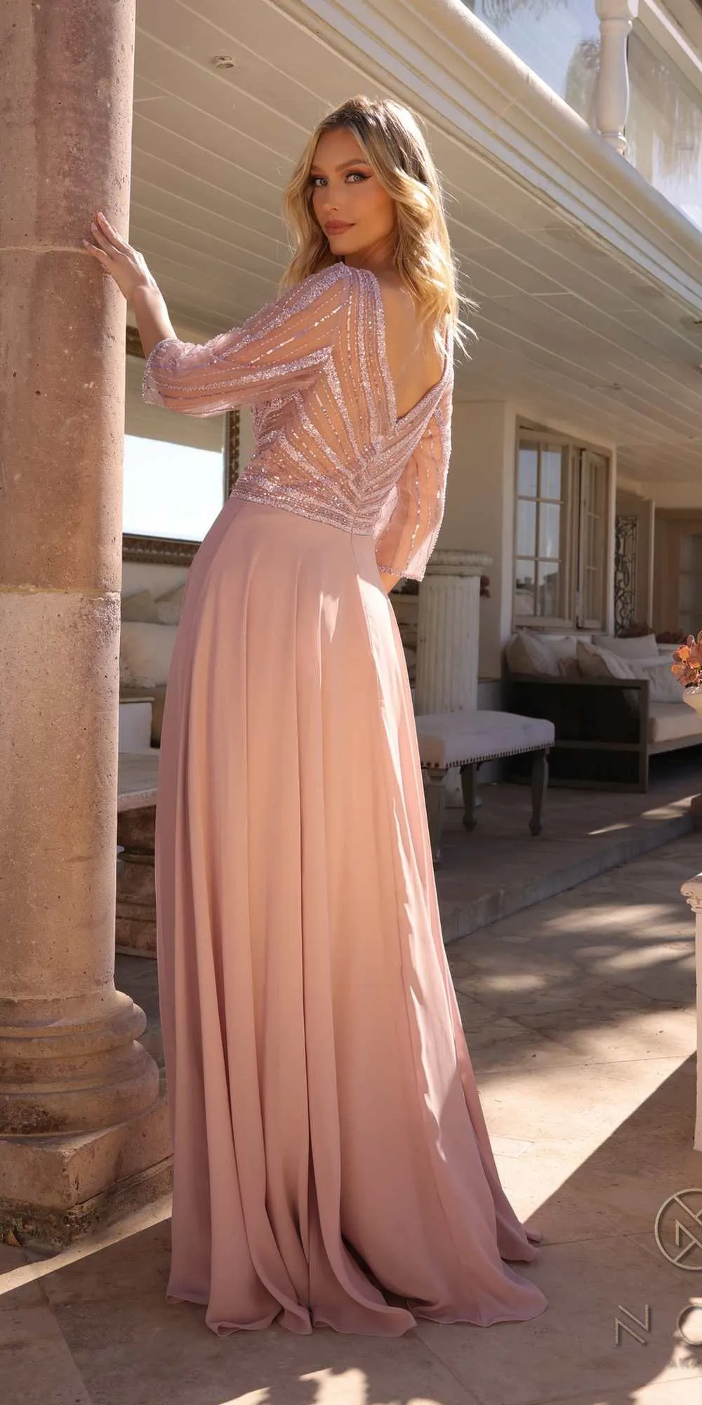 Nox Anabel MF101 Long V-Neck Embellished Bodice 3/4 Sleeve A-line Gown