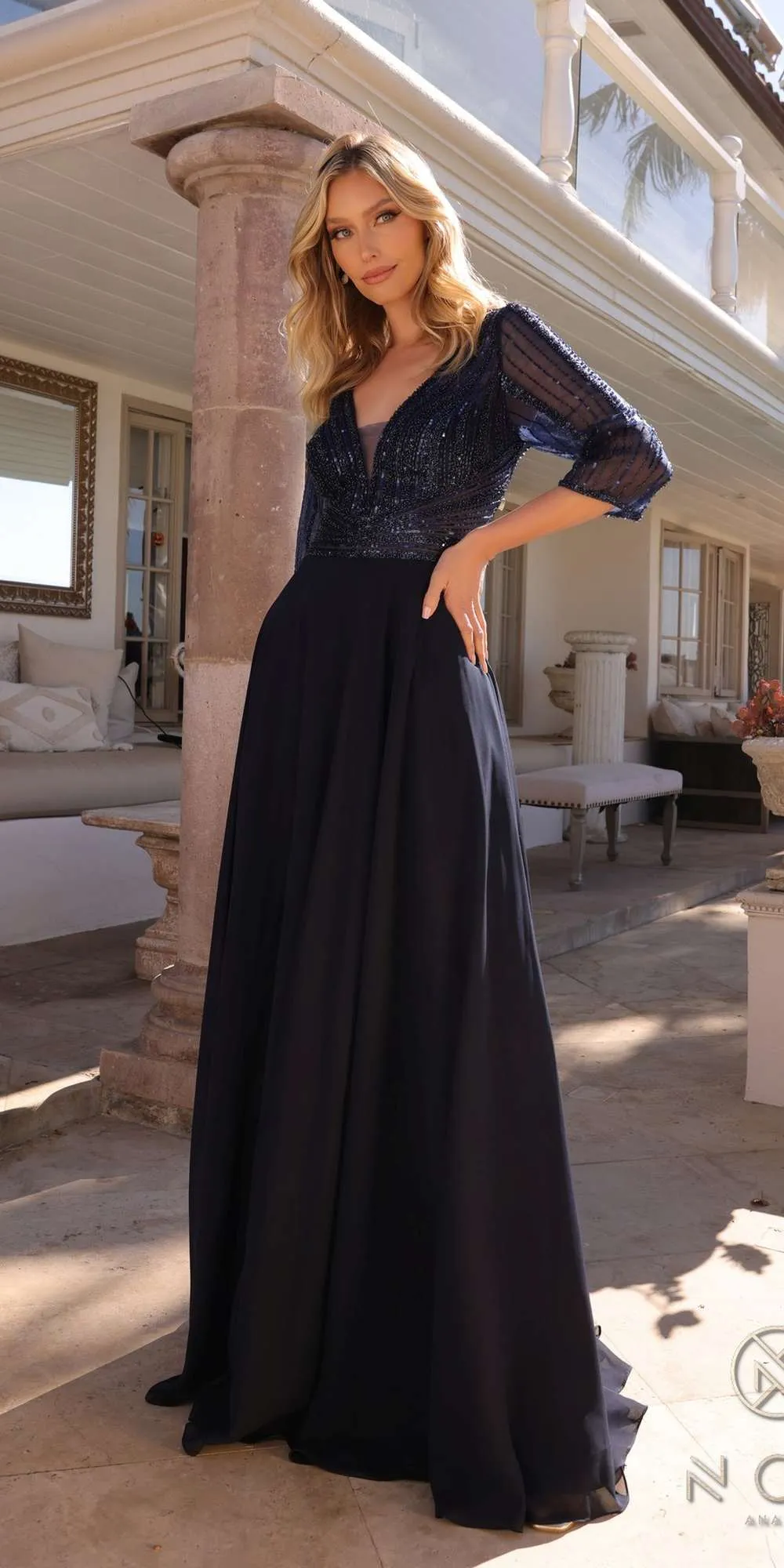 Nox Anabel MF101 Long V-Neck Embellished Bodice 3/4 Sleeve A-line Gown