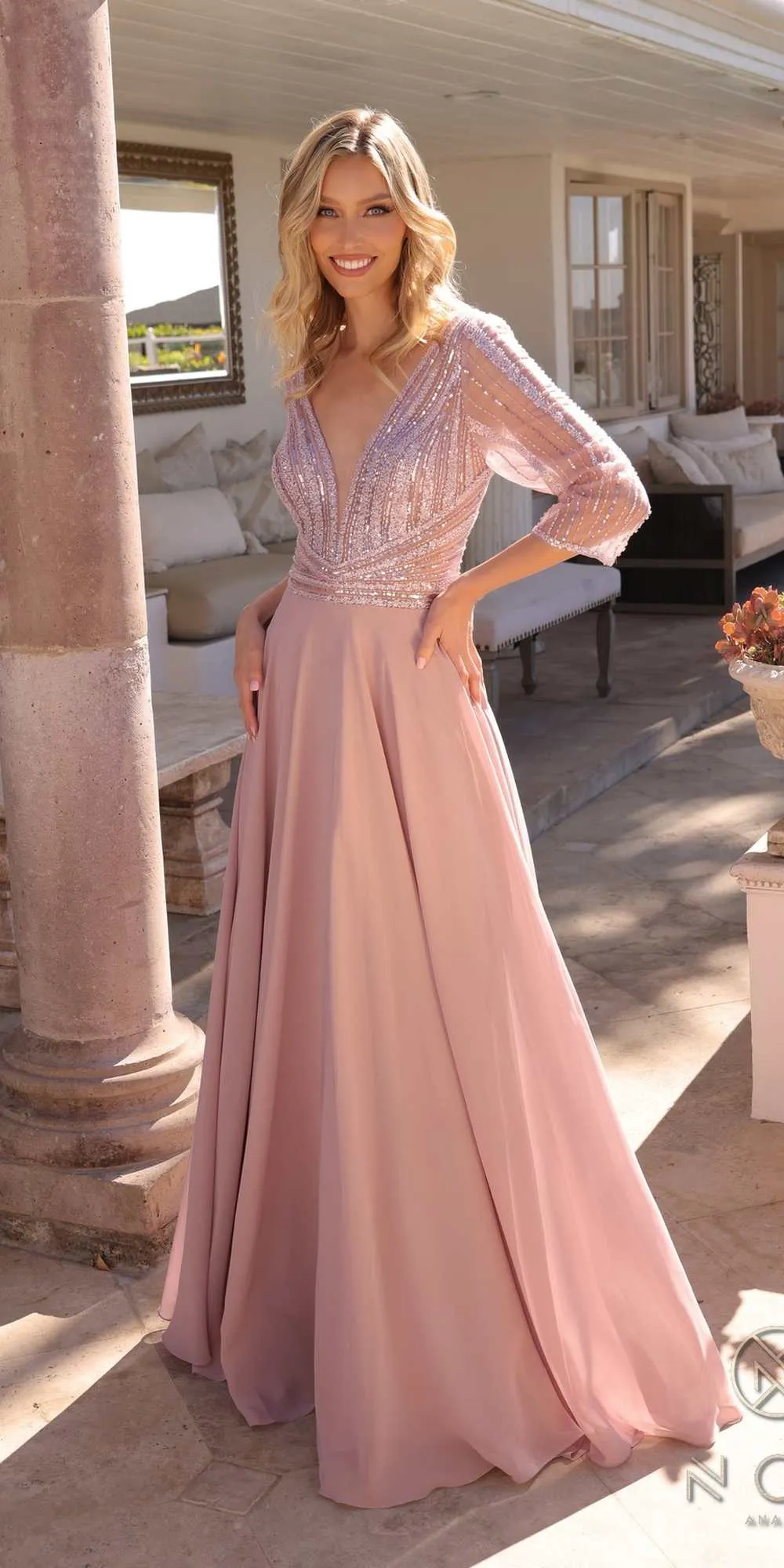 Nox Anabel MF101 Long V-Neck Embellished Bodice 3/4 Sleeve A-line Gown