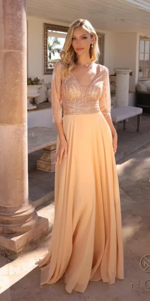 Nox Anabel MF101 Long V-Neck Embellished Bodice 3/4 Sleeve A-line Gown