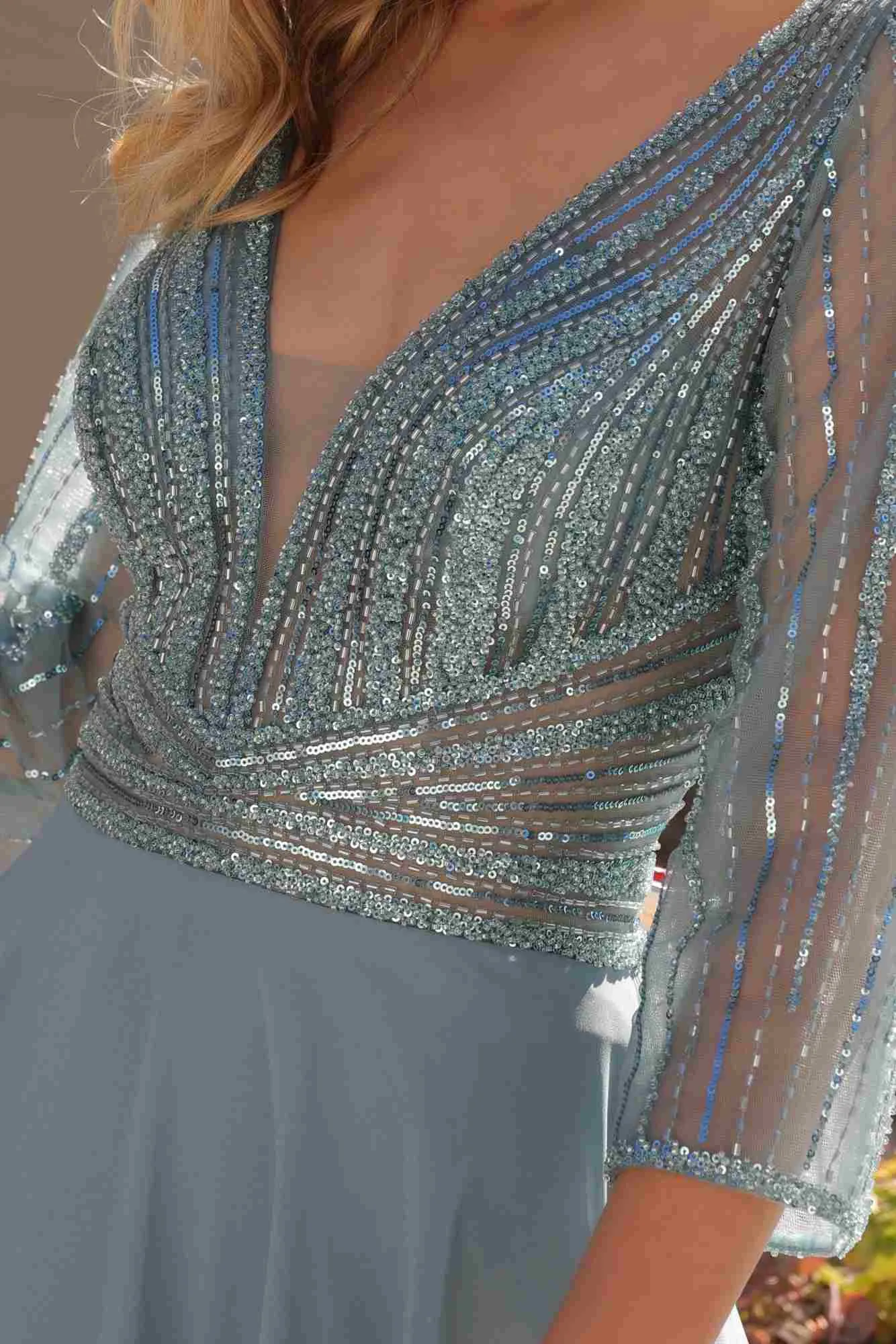 Nox Anabel MF101 Long V-Neck Embellished Bodice 3/4 Sleeve A-line Gown