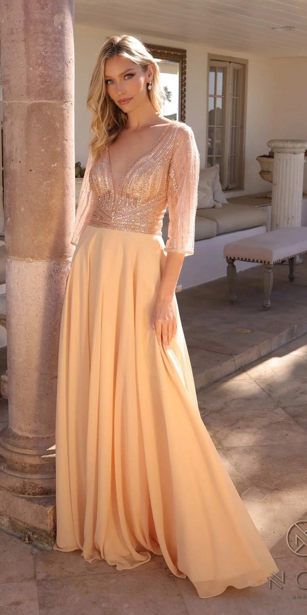 Nox Anabel MF101 Long V-Neck Embellished Bodice 3/4 Sleeve A-line Gown