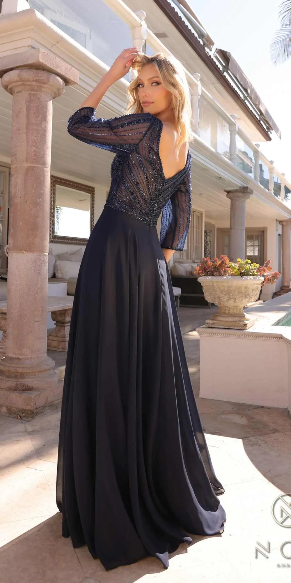 Nox Anabel MF101 Long V-Neck Embellished Bodice 3/4 Sleeve A-line Gown