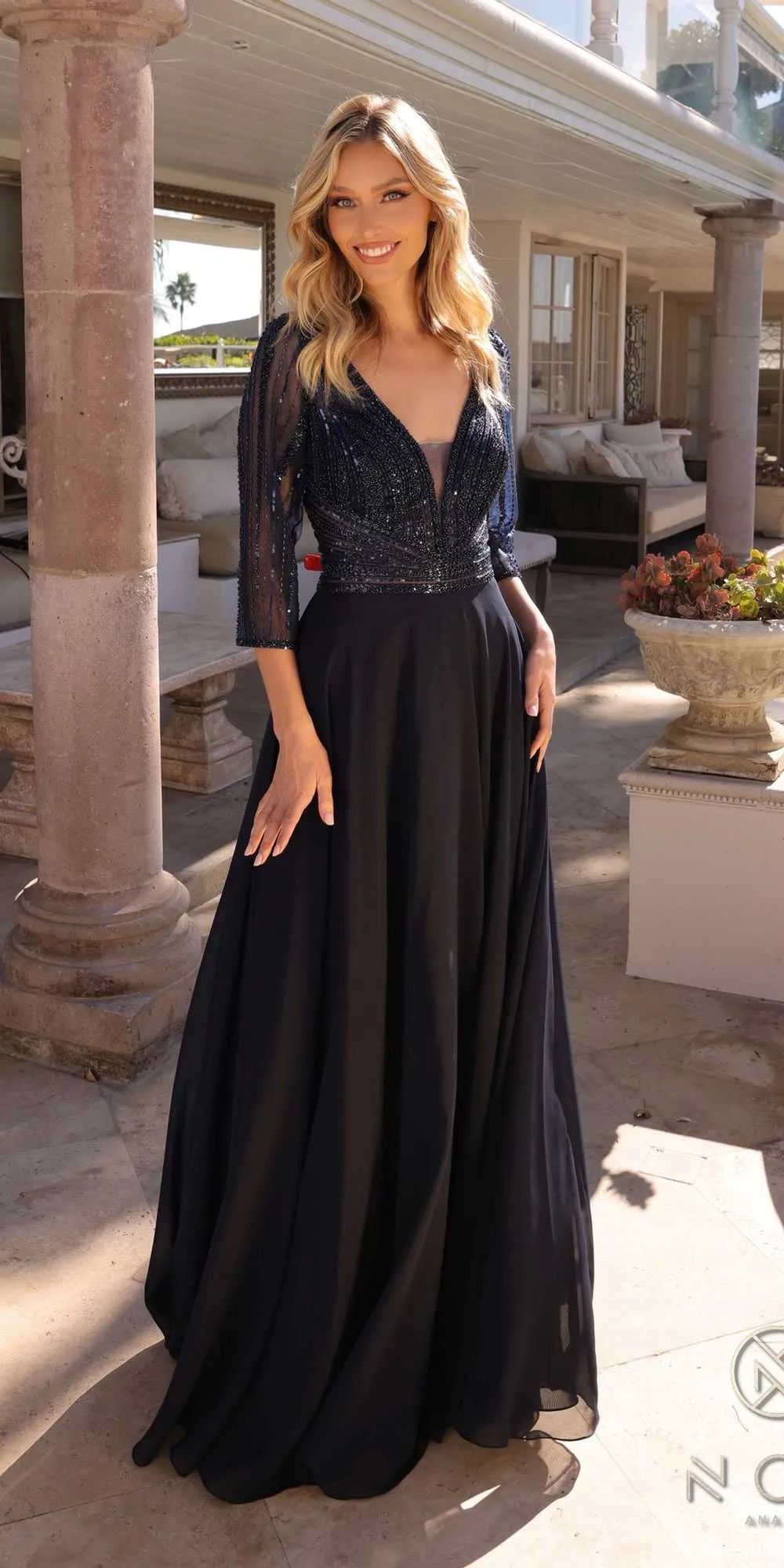Nox Anabel MF101 Long V-Neck Embellished Bodice 3/4 Sleeve A-line Gown