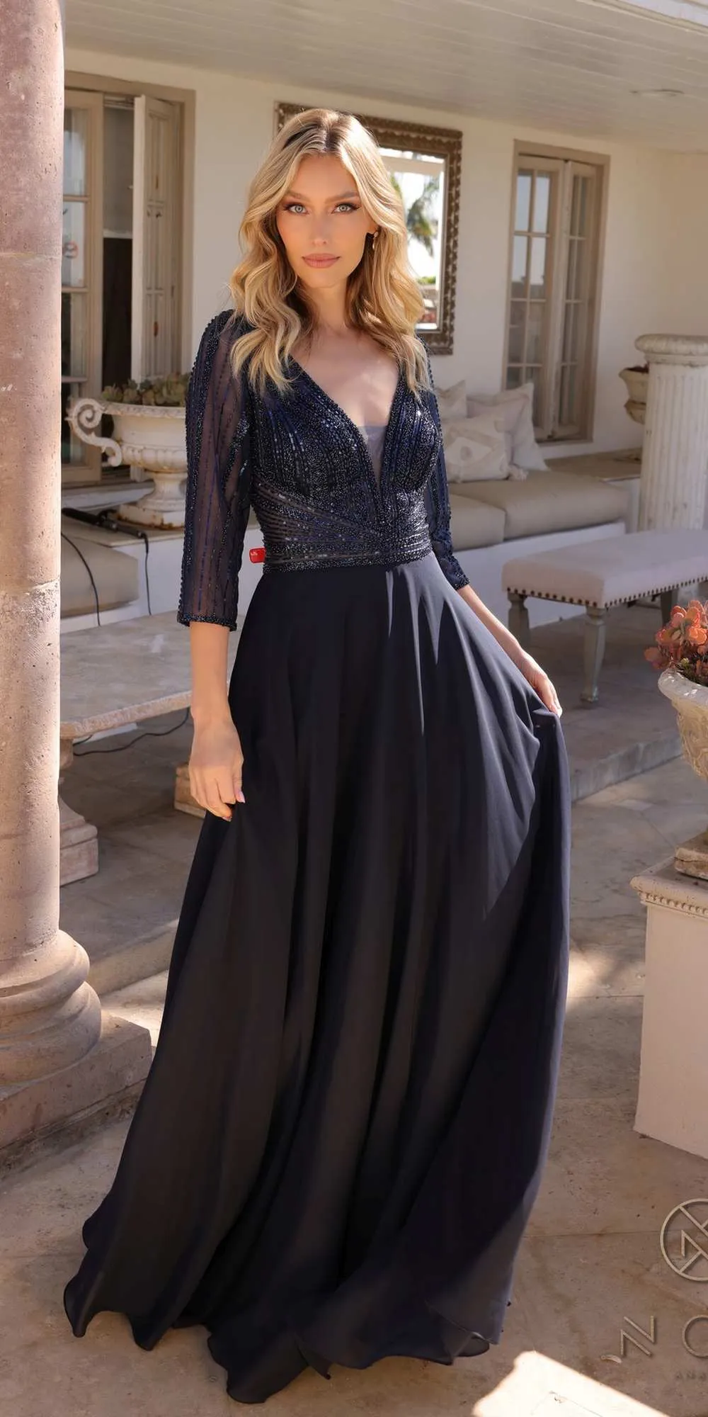 Nox Anabel MF101 Long V-Neck Embellished Bodice 3/4 Sleeve A-line Gown