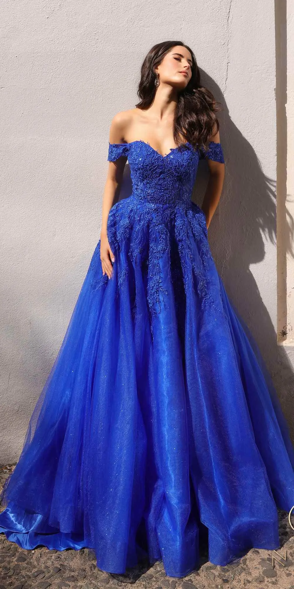 Nox Anabel R1303 Long Off the Shoulder Sweetheart Tulle A-Line Gown