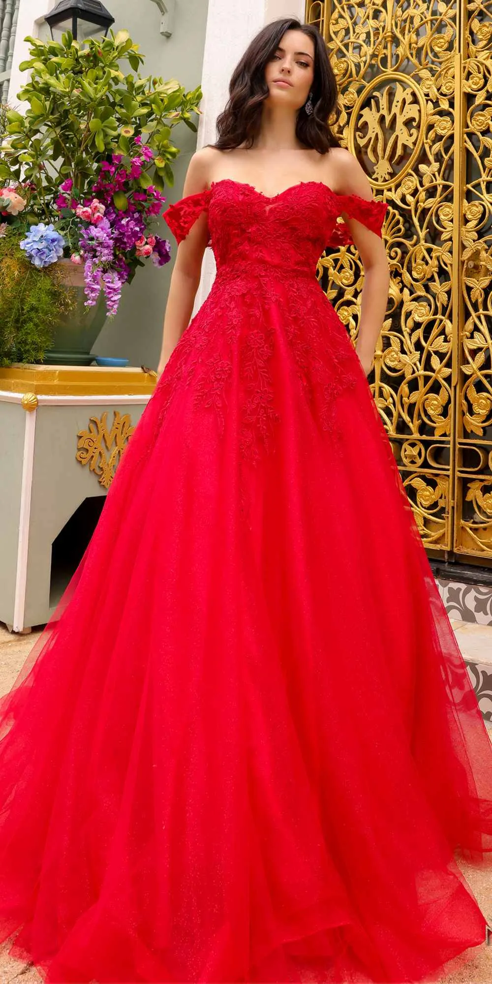 Nox Anabel R1303 Long Off the Shoulder Sweetheart Tulle A-Line Gown