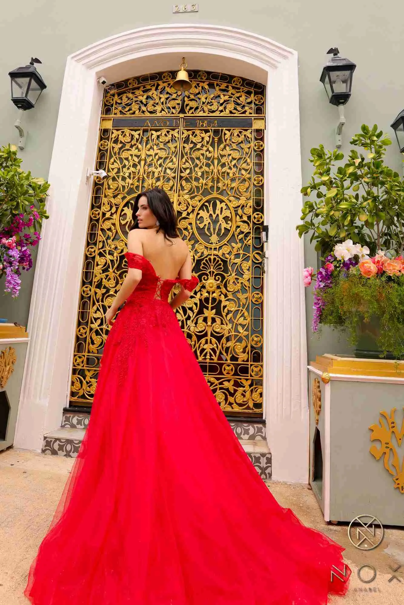 Nox Anabel R1303 Long Off the Shoulder Sweetheart Tulle A-Line Gown