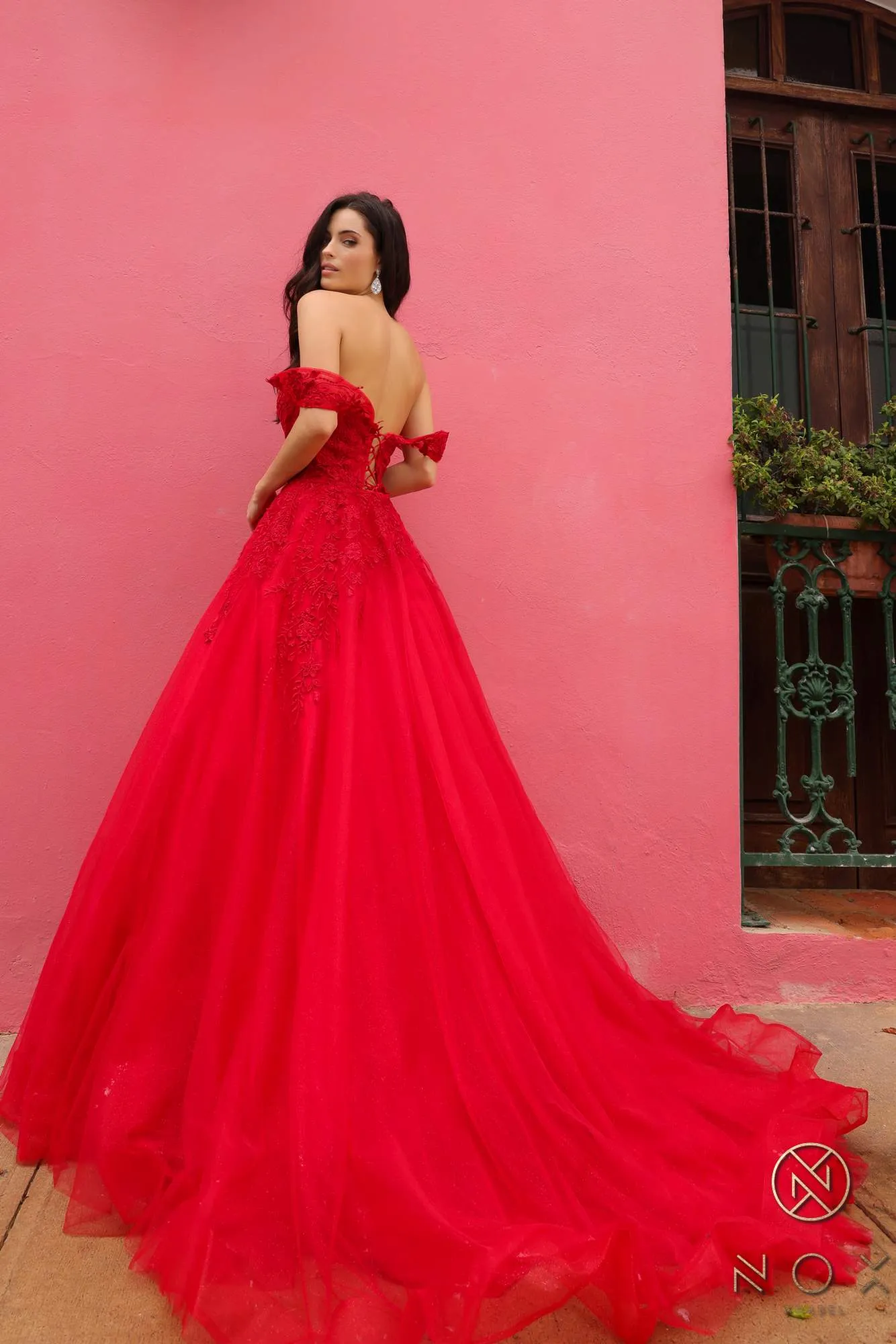 Nox Anabel R1303 Long Off the Shoulder Sweetheart Tulle A-Line Gown
