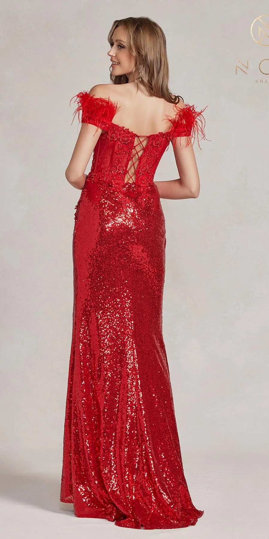Nox Anabel S1229 Floor Length Fitted Sequin Off the Shoulder Gown