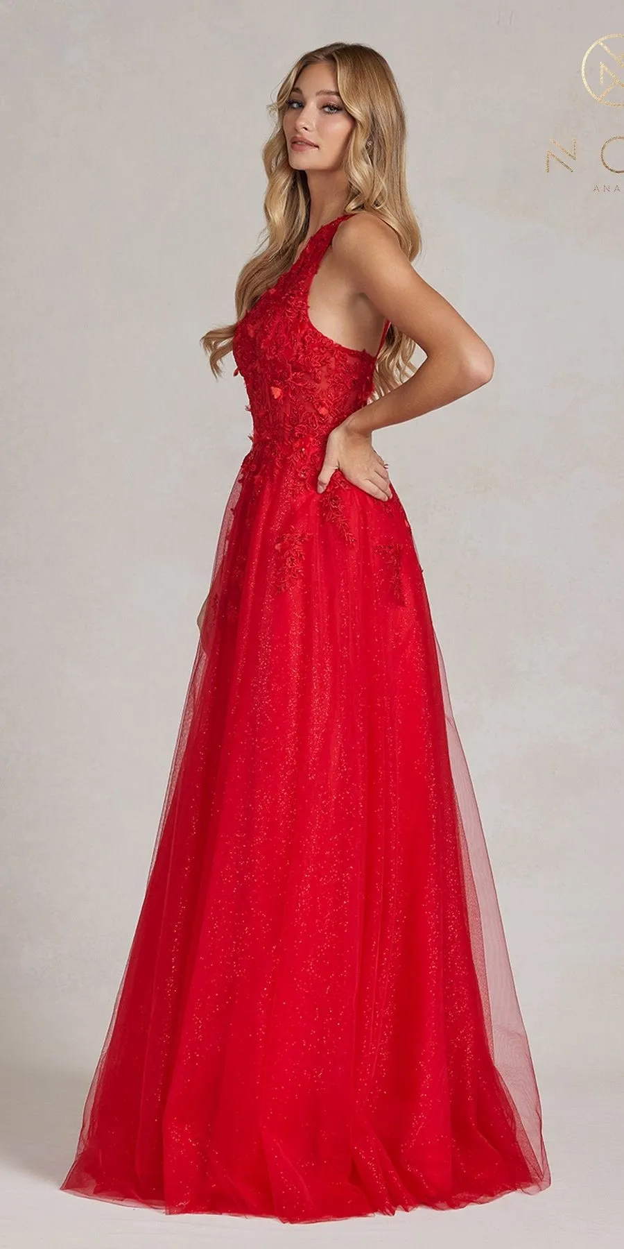 Nox Anabel T1143 Long A-Line Tulle One Shoulder Dress with Corset Bodice